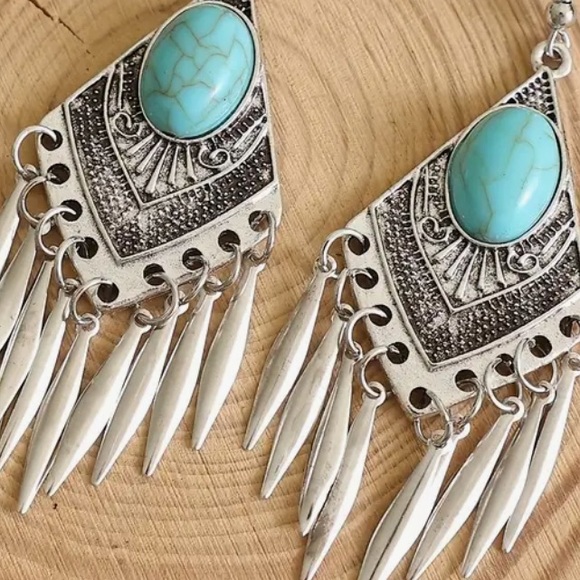 TURQUOISE Silver Navajo Feather Drop Boho Earrings - Picture 3 of 4